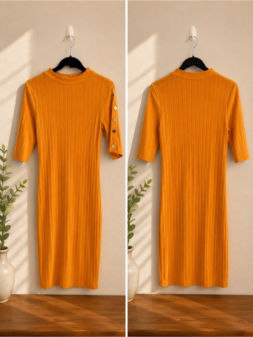 Ribbed Crewneck Midi Dress in Mustard